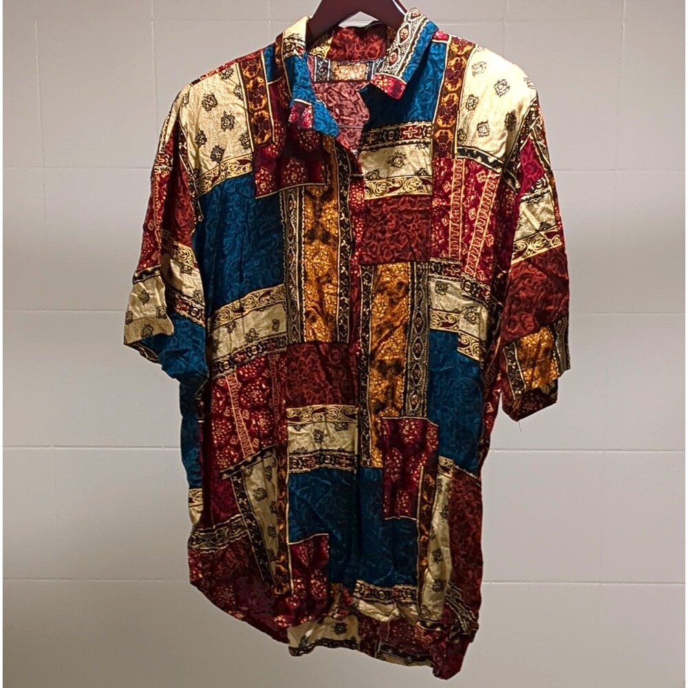 Woven Cotton Multicolor Patchwork Short Sleeve Button-Up Shirt Unisex Adults L
